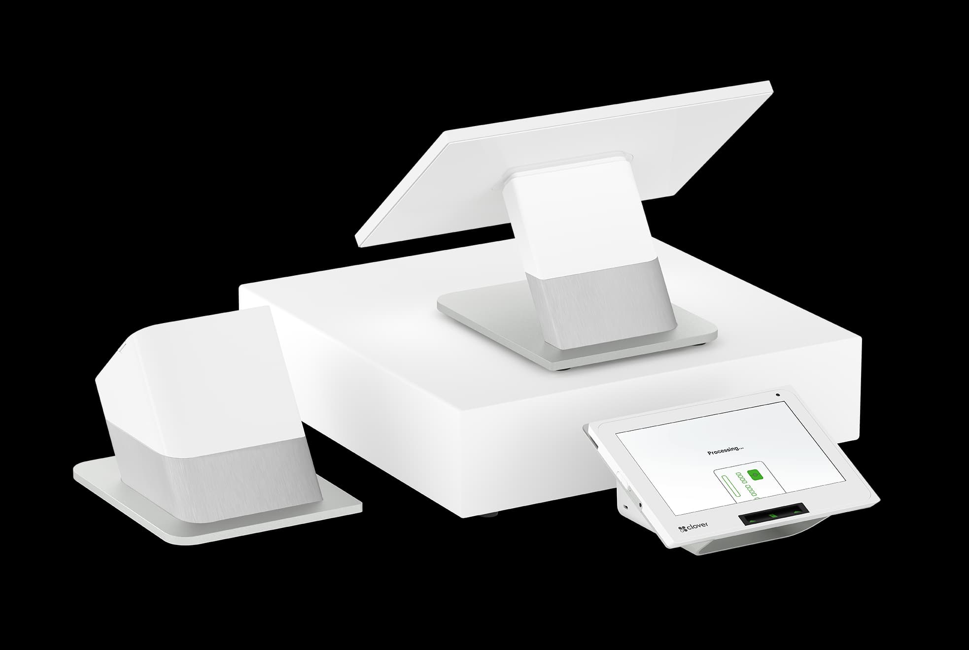 Clover POS system including Station Duo, receipt printer, cash drawer, and Mini 3 terminal